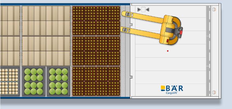 Grafisch bovenaanzicht van een voertuig met diverse lading en geopend laadklepplatform met heftruck