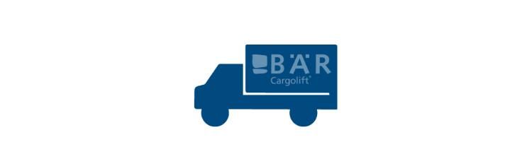 Blauw pictogram toont bestelwagen vanaf de zijkant met Bar Cargolift-logo