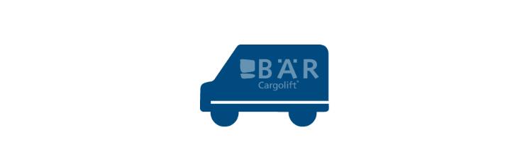 Blauw pictogram toont een bestelwagen vanaf de zijkant met het logo van Bar Cargolift