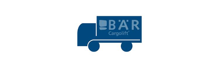 Blauw pictogram toont 2-assige vrachtwagen vanaf de zijkant met Bar Cargolift-logo