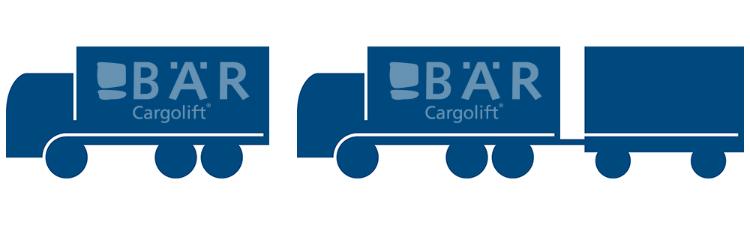 Blauw pictogram toont 3-assige vrachtwagen en gelede vrachtwagen vanaf de zijkant met Bar Cargolift-logo