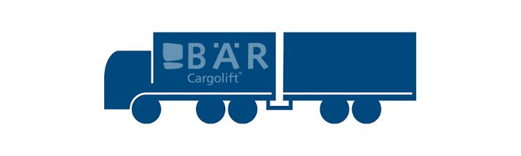 Blauw pictogram toont 3-assige vrachtwagen met diepe koppeling vanaf de zijkant met Bar Cargolift Logo