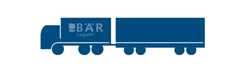 Blauw pictogram toont 3-assige vrachtwagen met 4-assige aanhangwagen vanaf de zijkant met Bar Cargolift-logo