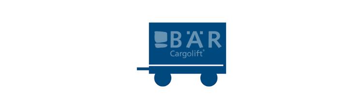 Blauw pictogram toont draaibare aanhangwagen vanaf de zijkant met Bar Cargolift-logo