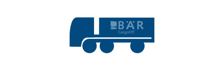 Blauw pictogram toont City-oplegger vanaf de zijkant met Bar Cargolift-logo