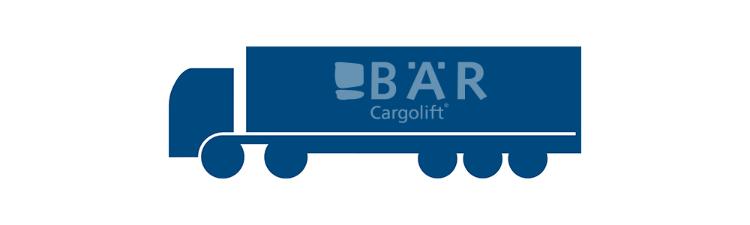 Blauw pictogram toont oplegger vanaf de zijkant met het logo van Bar Cargolift