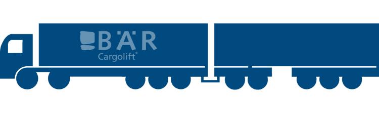 Blauw pictogram toont trailer-trailercombinatie vanaf de zijkant met Bar Cargolift-logo