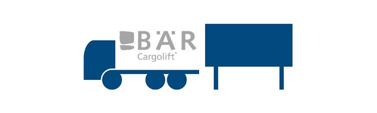 Blauw pictogram toont BDF-wisselsysteem vanaf de zijkant met Bar Cargolift-logo