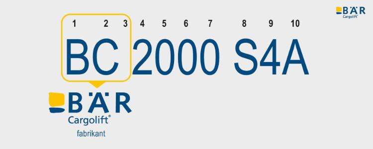 Productnaam BC 2000 S4A met gemarkeerde BC-tekst als fabrikant Bar Cargolift