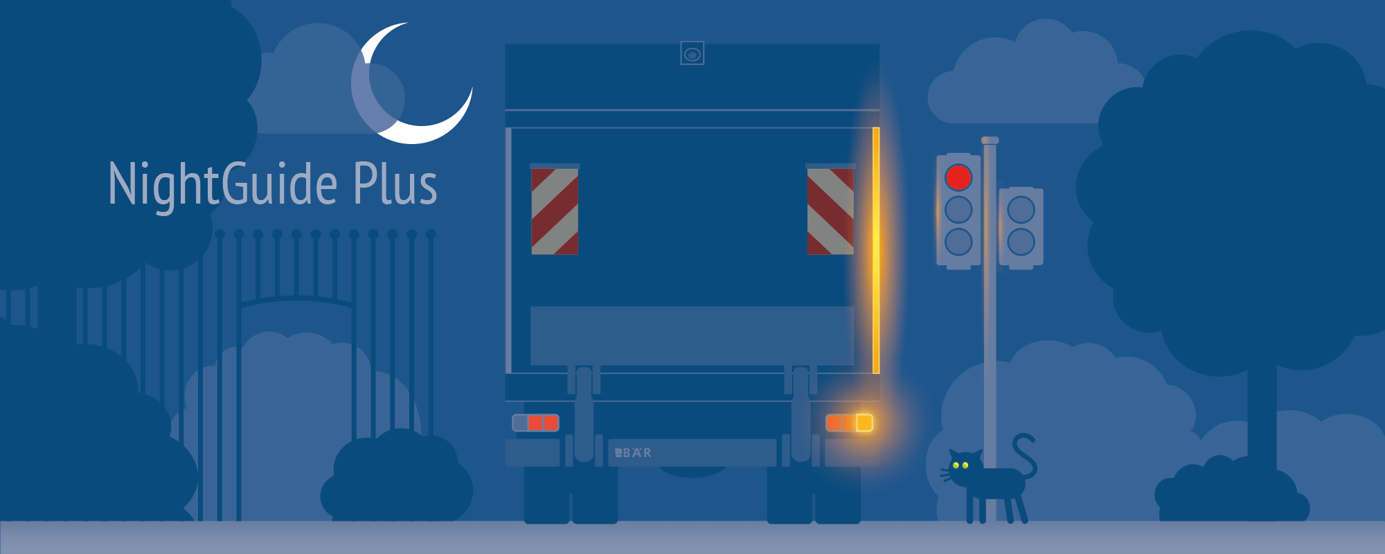 Vrachtwagenafbeelding 's nachts bij een rood verkeerslicht, waarvan de gehele rechter buitenrand van het platform knippert met het richtingaanwijzerlicht, kattenogen reflecteren