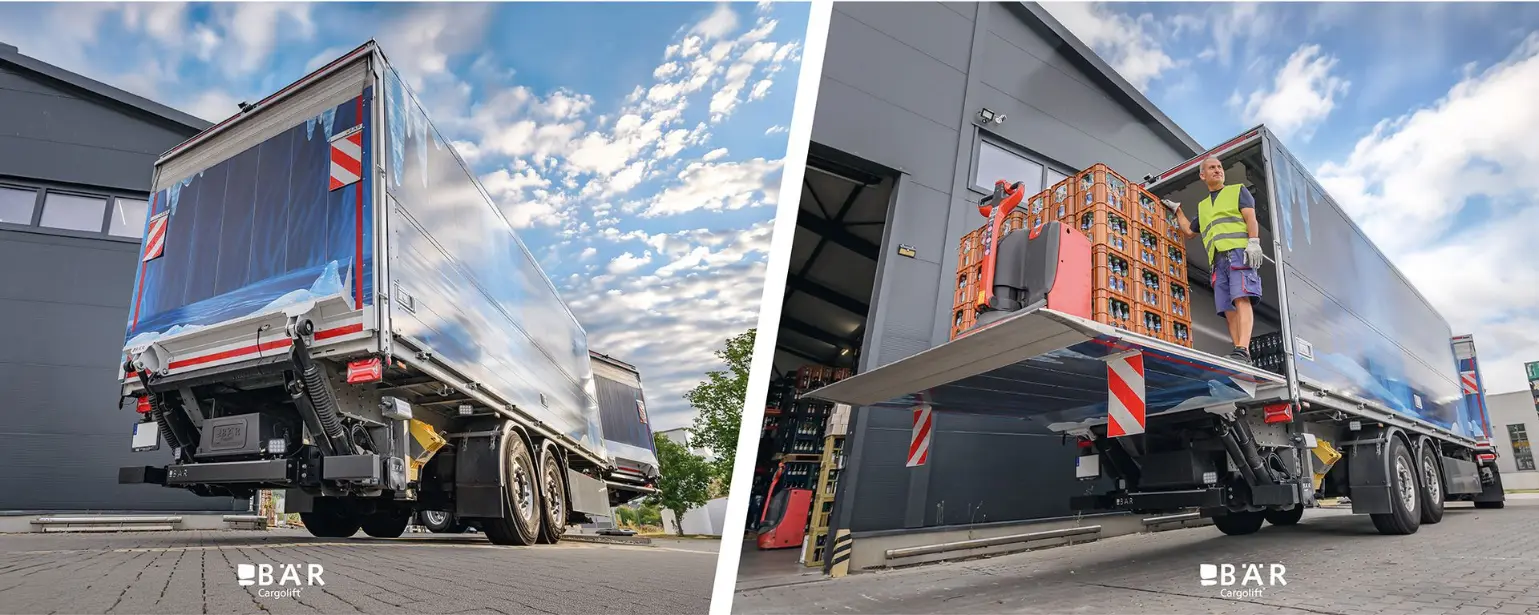 Lossen van drankpallets met een palletwagen via een Bar Cargolift gemonteerd op de aanhanger van een combinatie